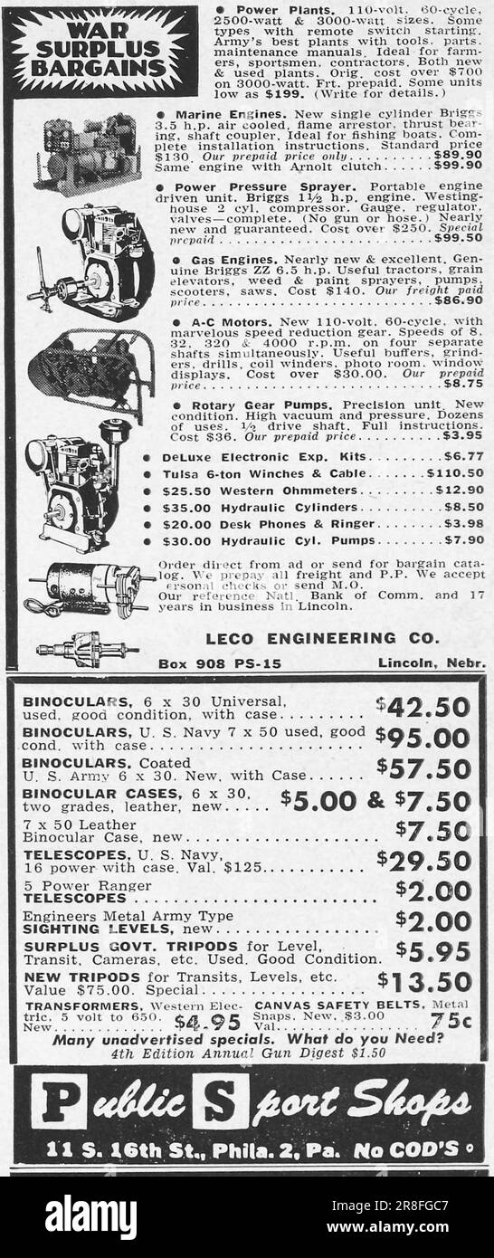 Public sports shops - war surplus bargains - binoculars, kits engines advert in a magazine 1949 Stock Photo