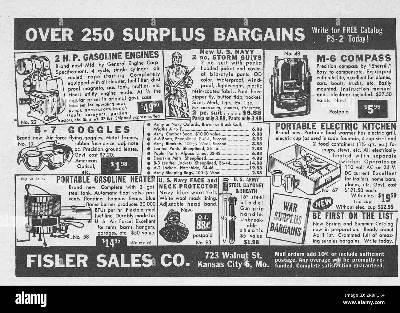 Surplus bargains Fisler Sales Kansas engines, suits, goggles