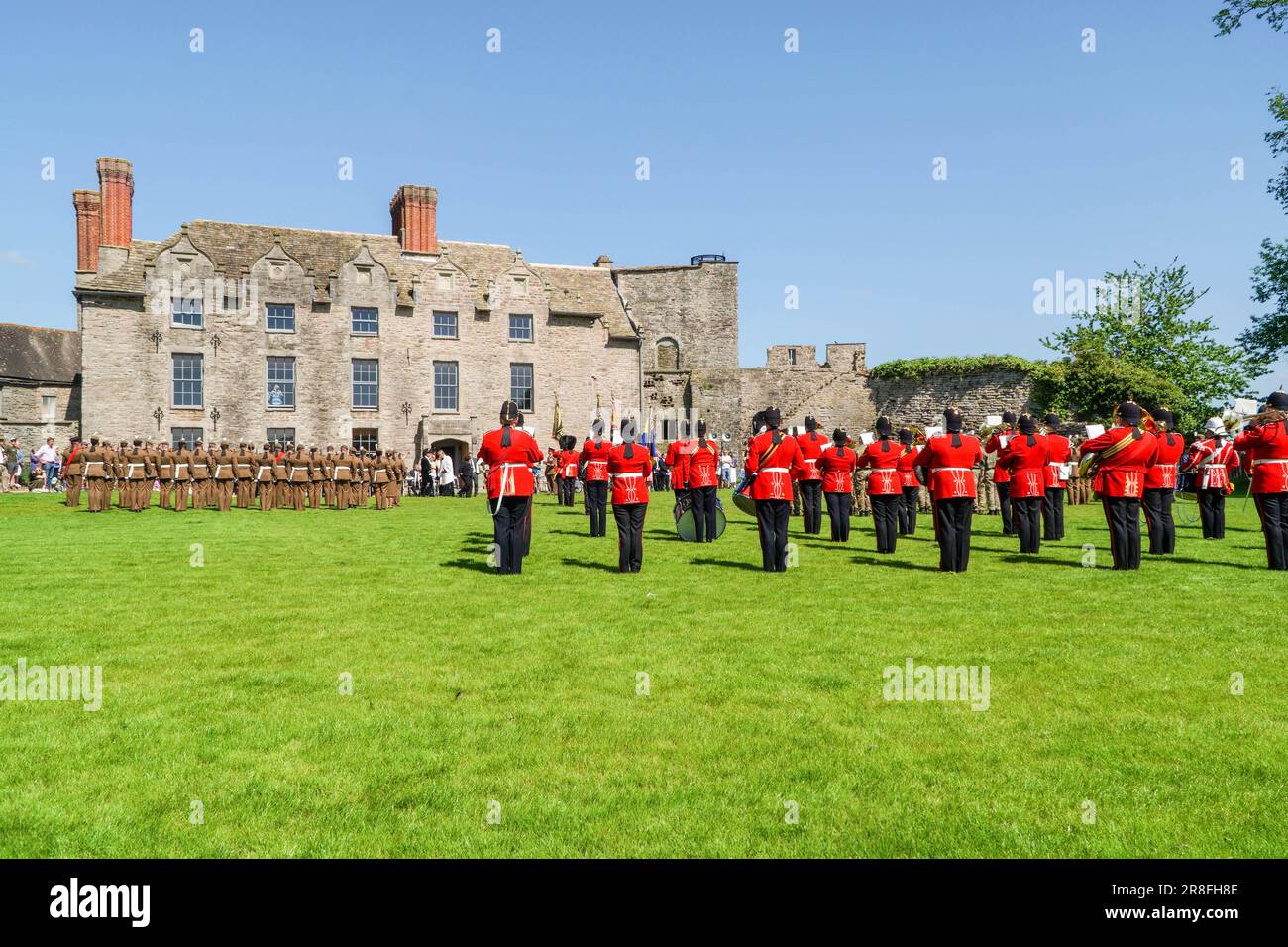 Royal Welsh Military Band, veterans and cadets celebrate the reaffirmation for their Freedom of the County in the grounds of Hay Castle Powys Wales UK. Stock Photo