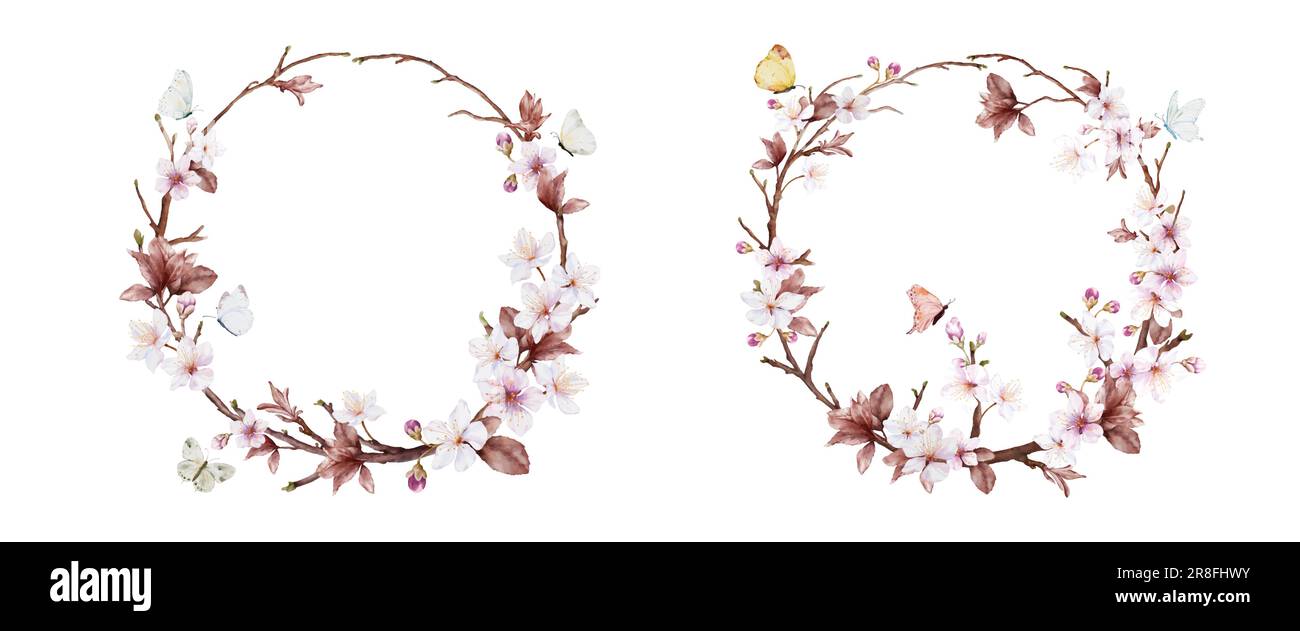 Watercolor cherry blossom wreath and butterflies. Natural round frame with sakura tree and leaves branch, vector isolated on white background. Stock Vector