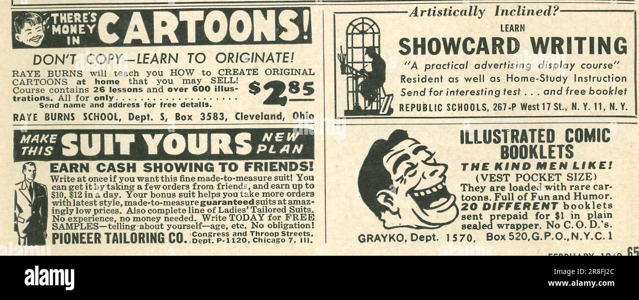 Cartoons, showcard writing. comic booklets - graphic arts adverts in a magazine 1949 Stock Photo