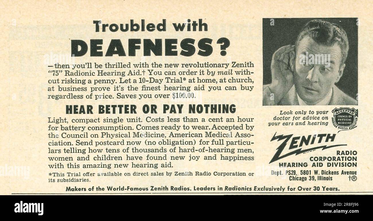 Zenith Radionic Hearing aid advert in a magazine 1949 Stock Photo