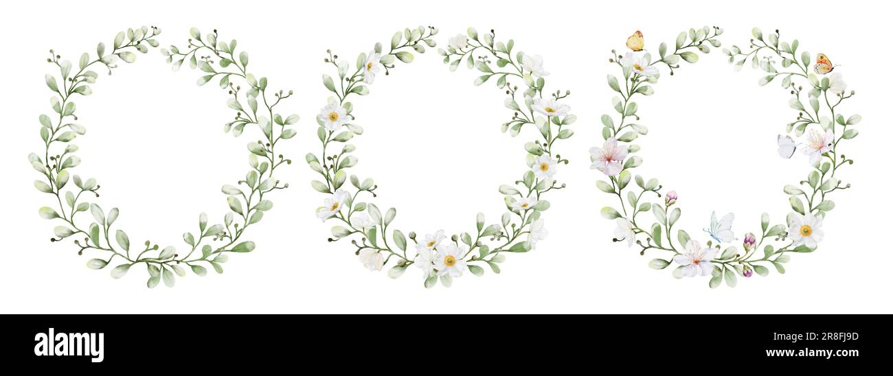 Set of watercolor wreaths with flowers leaves and butterflies ...