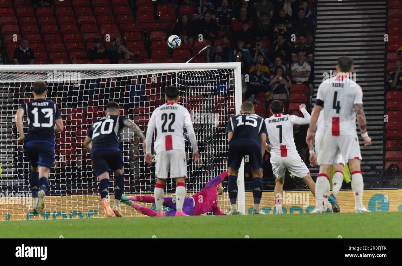 Hampden Park. Glasgow.Scotland, UK. 20th June, 2023. European Qualifier. Scotland v Georgia. Georgia & Napoli midfielder, Khvicha Kvaratskhelia, blasts penalty yards over bar . Credit: eric mccowat/Alamy Live News Stock Photo