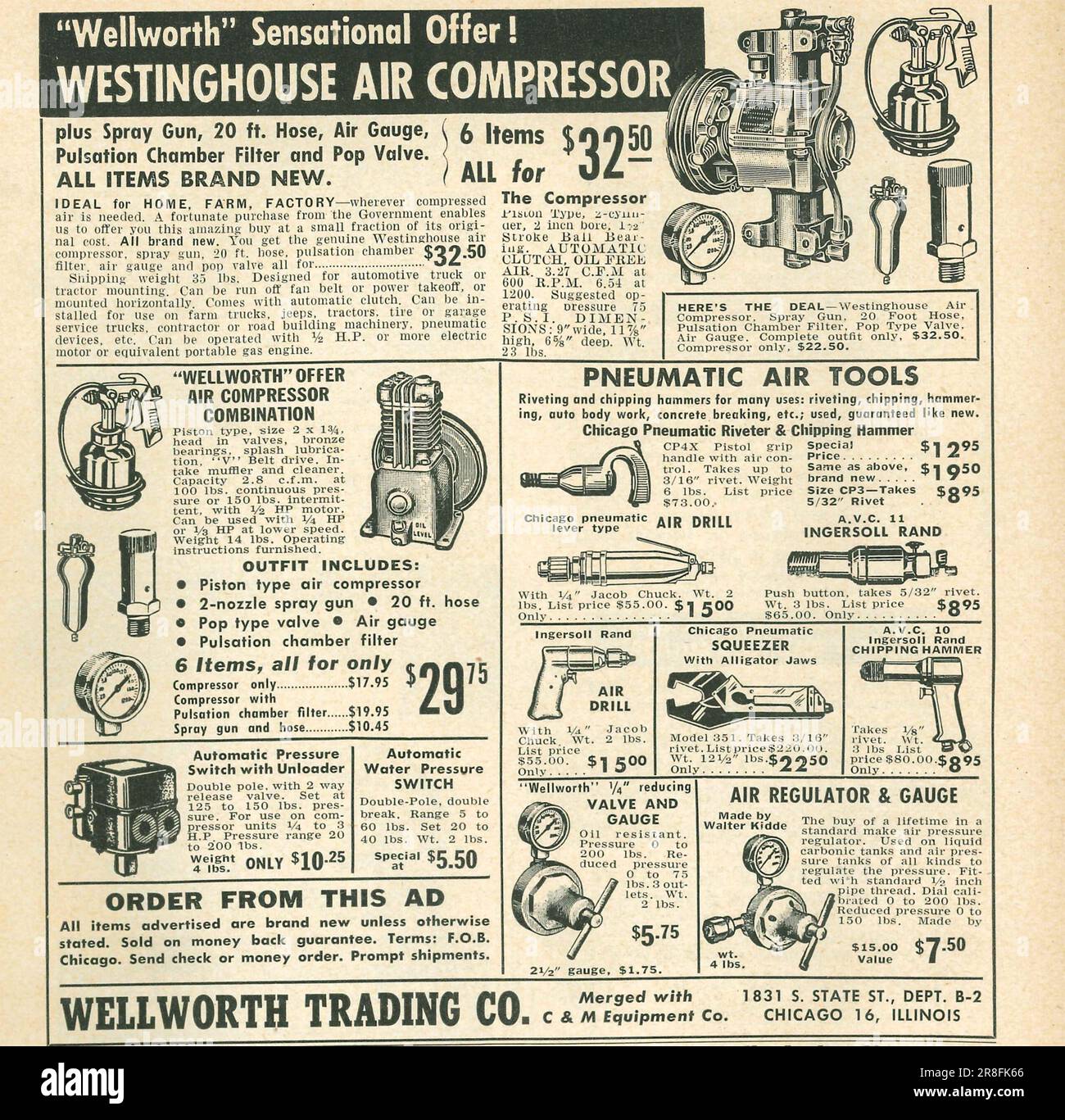 Westinghouse air compressor - Wellworth trading co Illinois, pneumatic air tools, air gauge, advert in a magazine 1949 Stock Photo