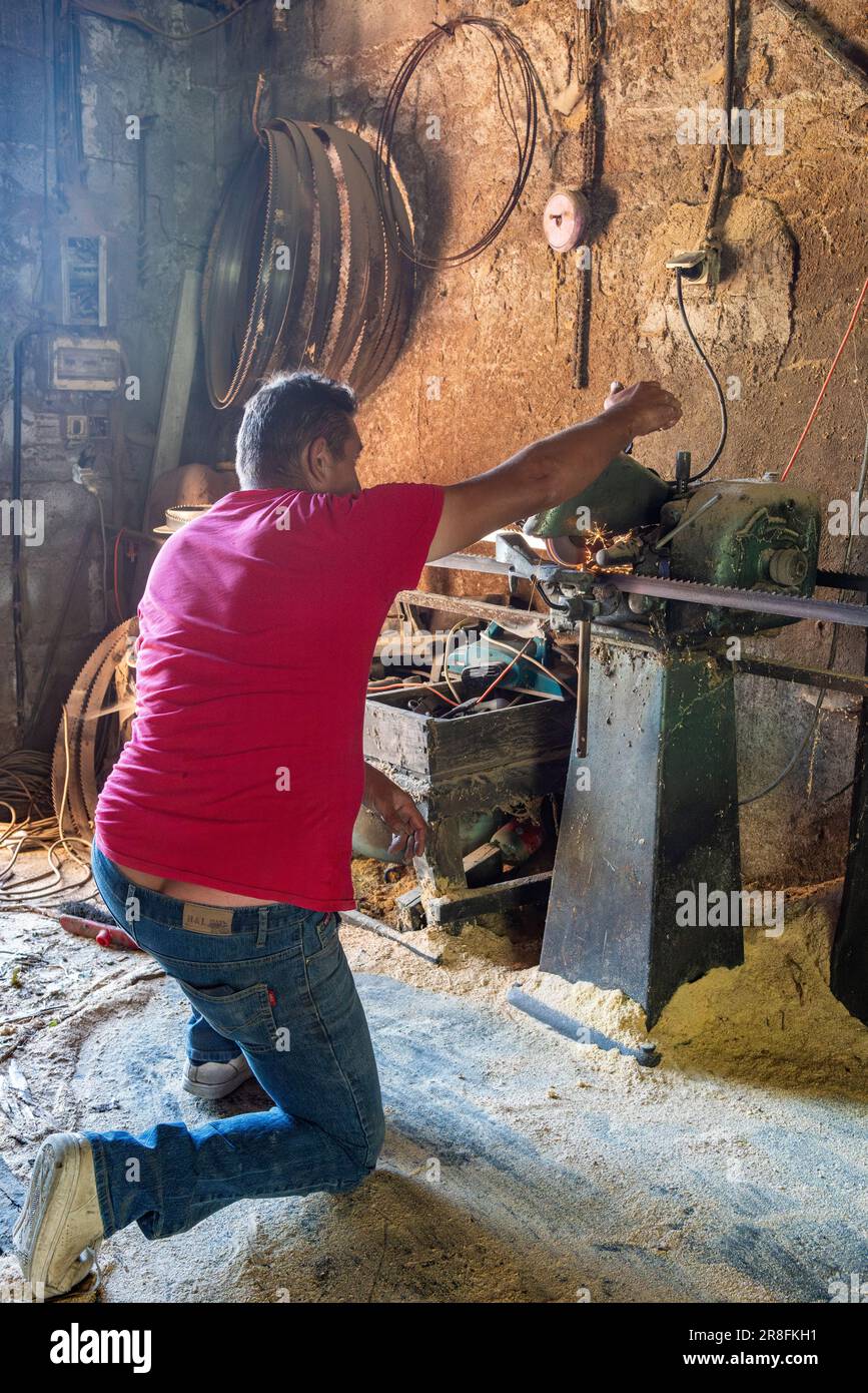 A man setting up an automatic bandsaw blade sharpener, in a Sicilian village timber yard Stock Photo
