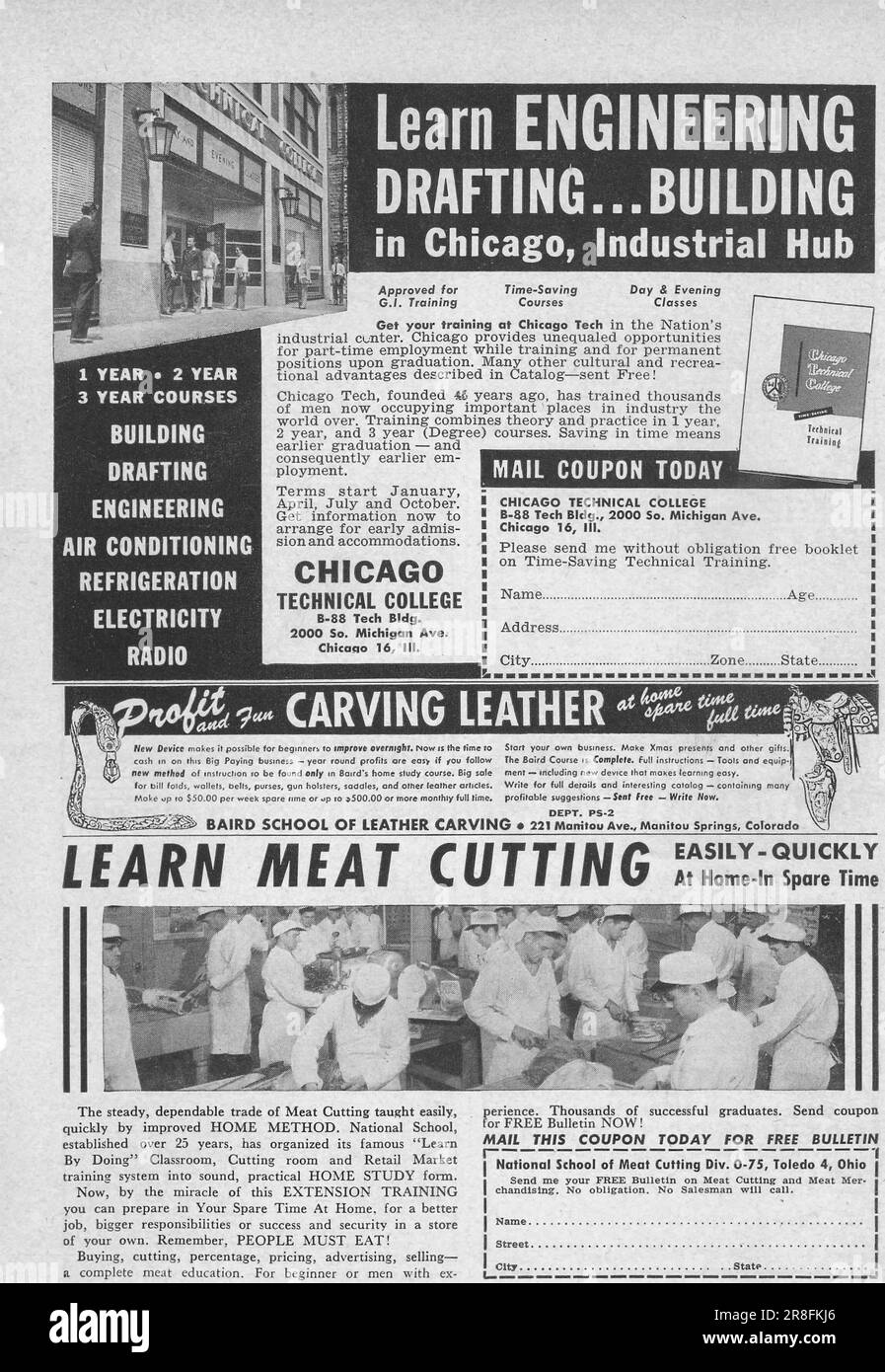 Learn engineering, learn meatcutting courses classes advertising page in Popular Science magazine, USA, February 1949 Stock Photo
