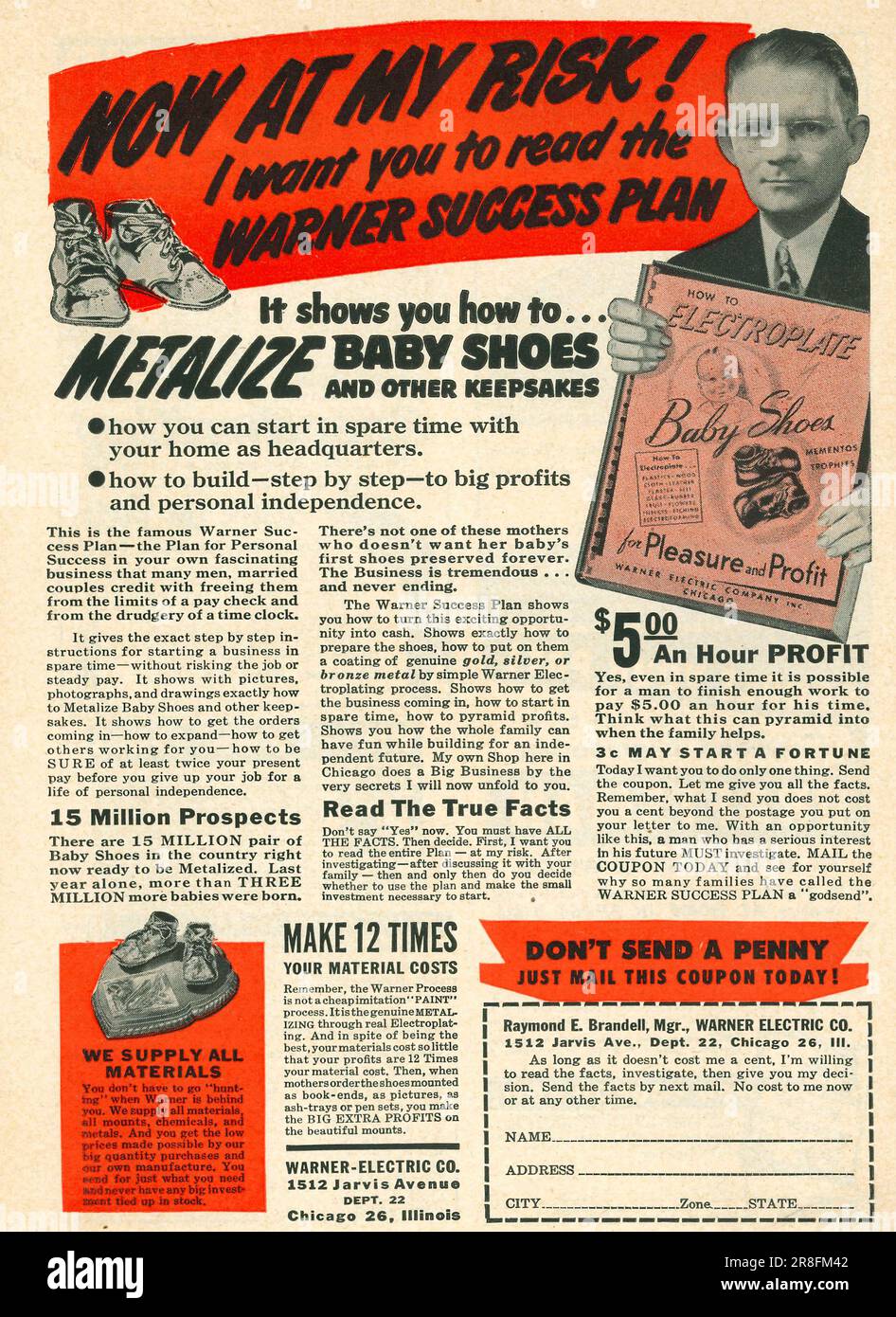 Warner success plan - Metalize baby shoes. - metalizing through electroplating - advert in  magazine, USA, February 1949. Warner-electric Illinois ad Stock Photo