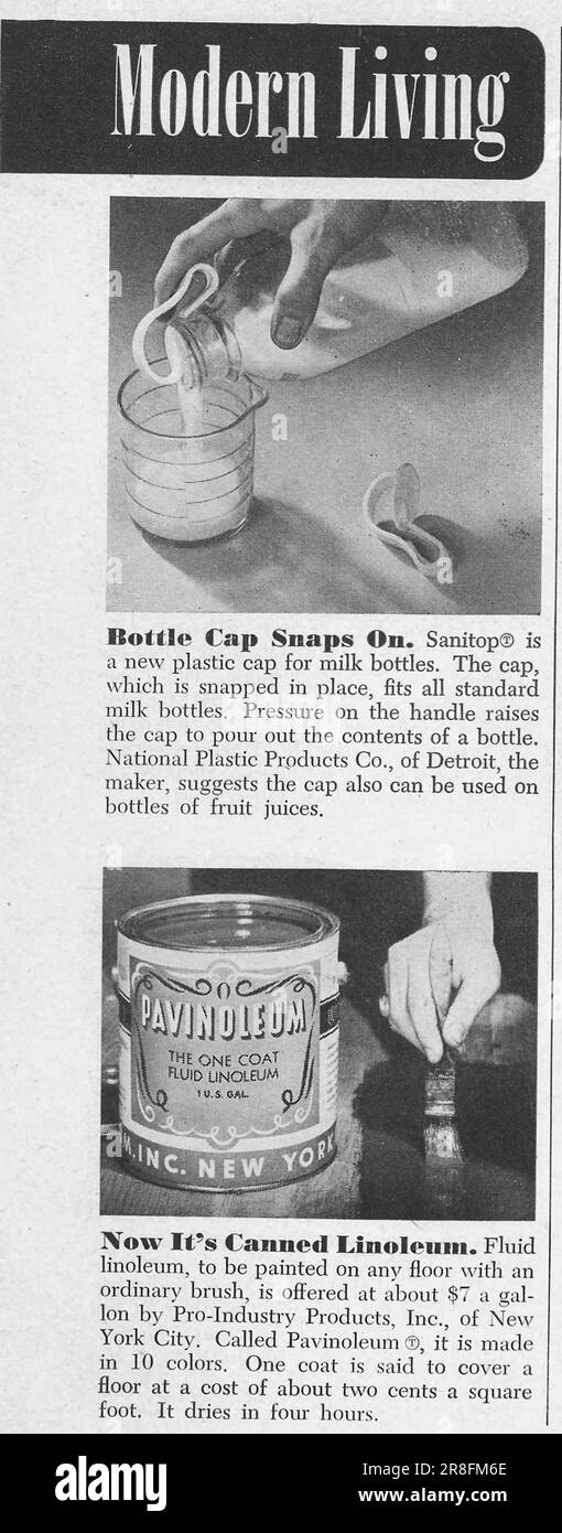 Inventions page - Modern living - Bottle Cup Snaps On - Pavinoleum Canned Linoleum. Popular Science magazine, USA, February 1949 Stock Photo