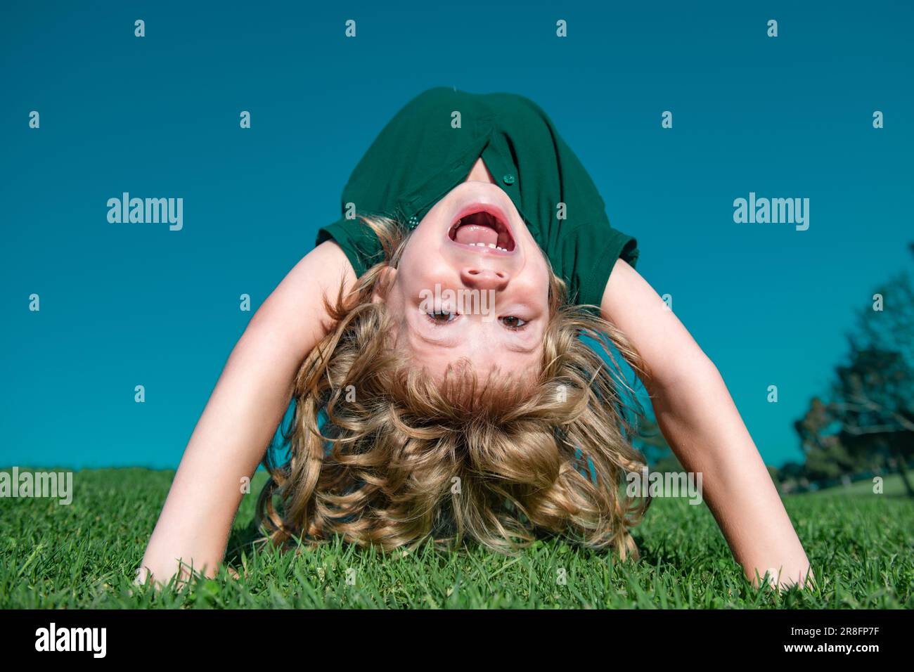 Portrait of a happy smiling child boy upside down on grass field ...