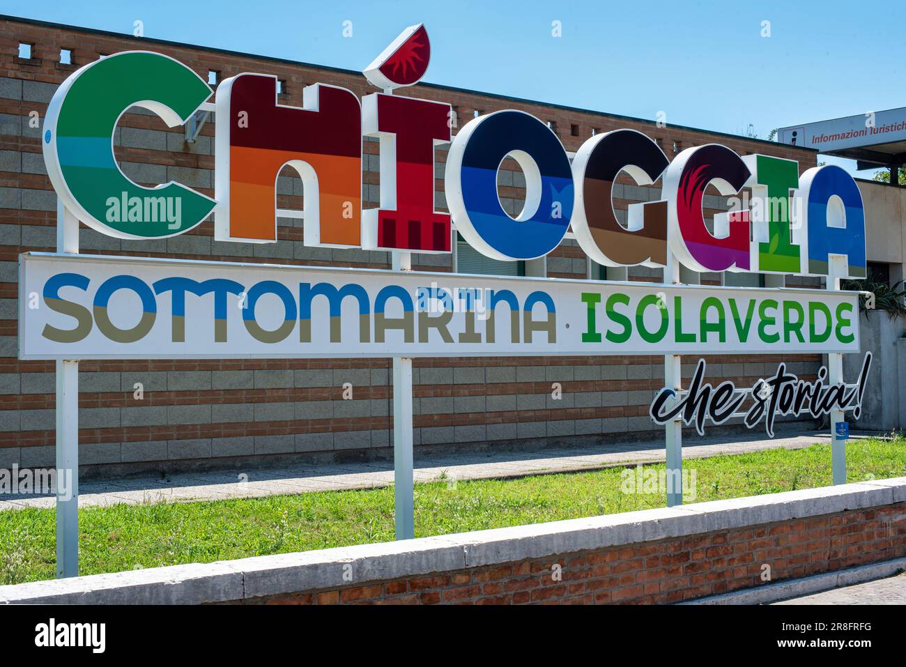 15/06/23 - Chioggia, Italy: Multicolored sign welcoming tourists to the beaches of Sottomarina near Venice, with the words: Chioggia, Sottomarina, Iso Stock Photo