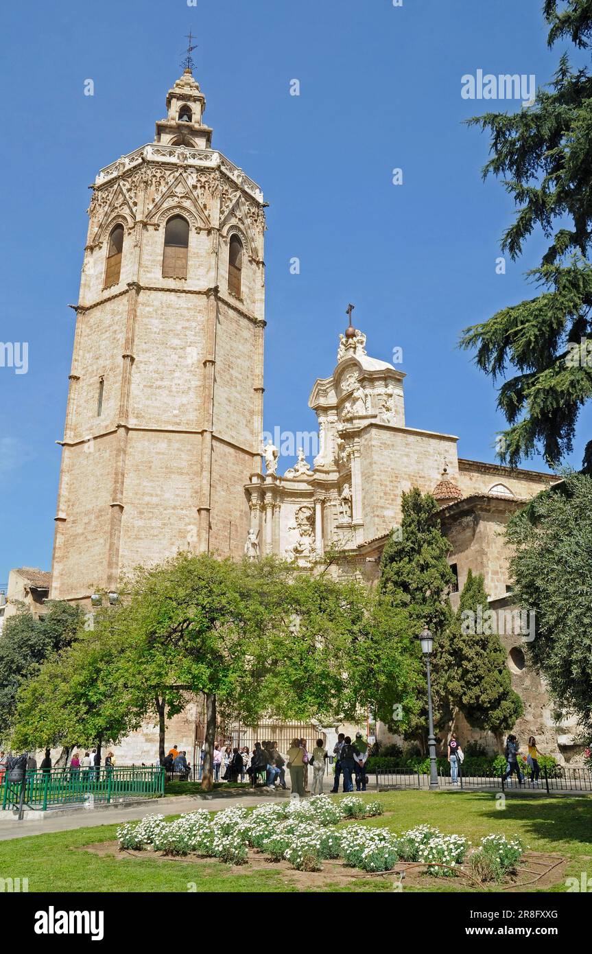 El Micalet Tower, Santa Maria Cathedral, Plaza de la Reina, Valencia, Spain, Torre del Miguelete, Bell Tower Stock Photo