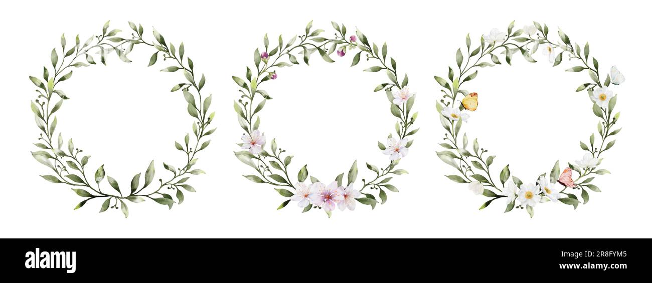 Set of watercolor wreaths with flowers leaves and butterflies ...