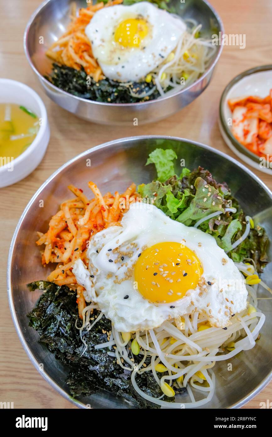 Bibimbap, a traditional Korean food, is a bowl of rice mixed with