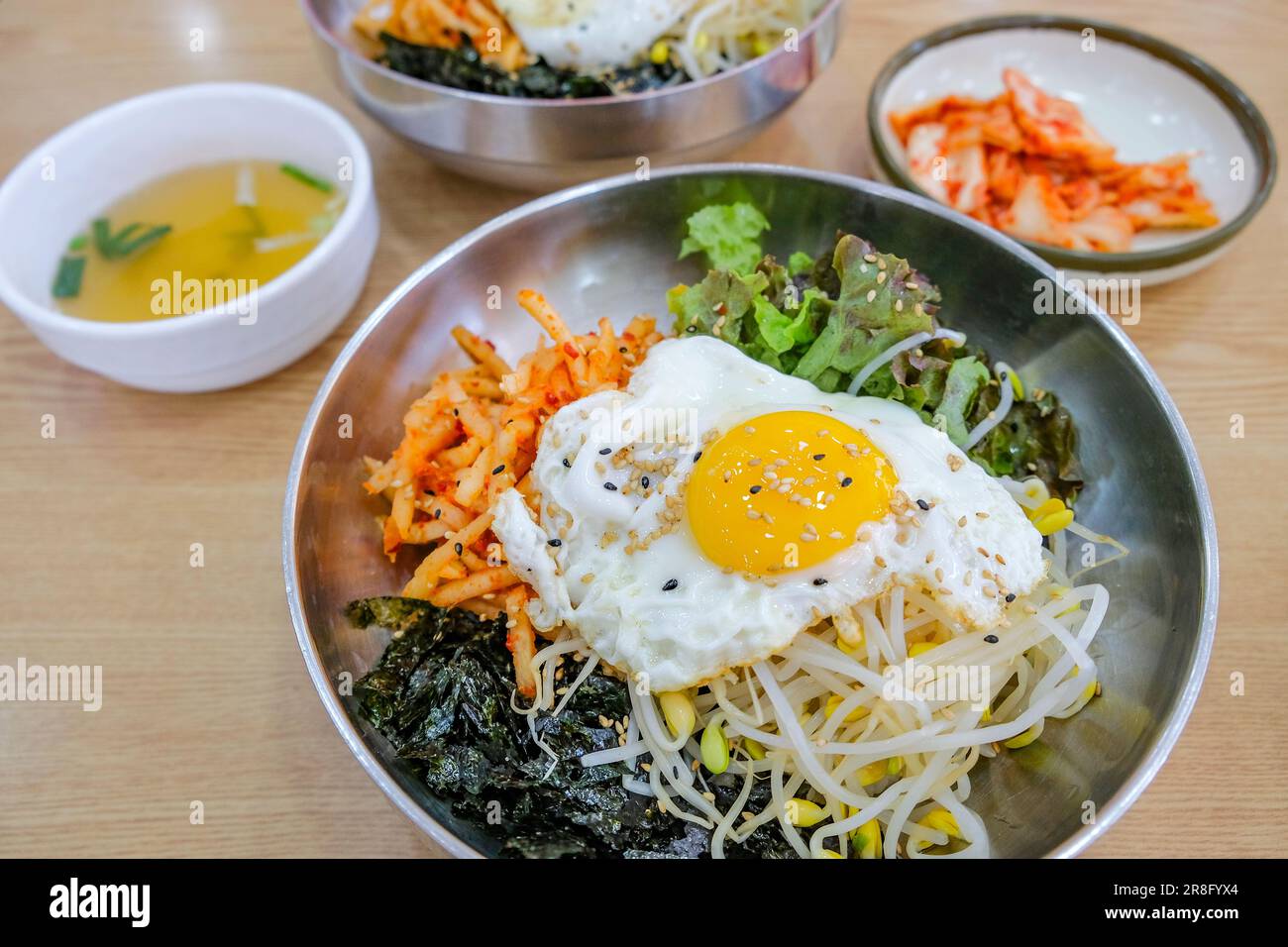 Bibimbap, a traditional Korean food, is a bowl of rice mixed with