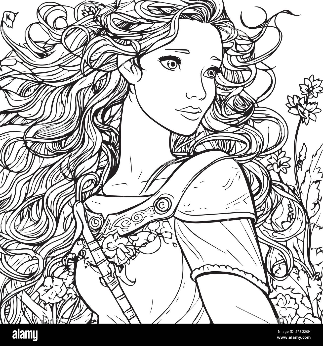 Creative Girl line art coloring page design Stock Vector