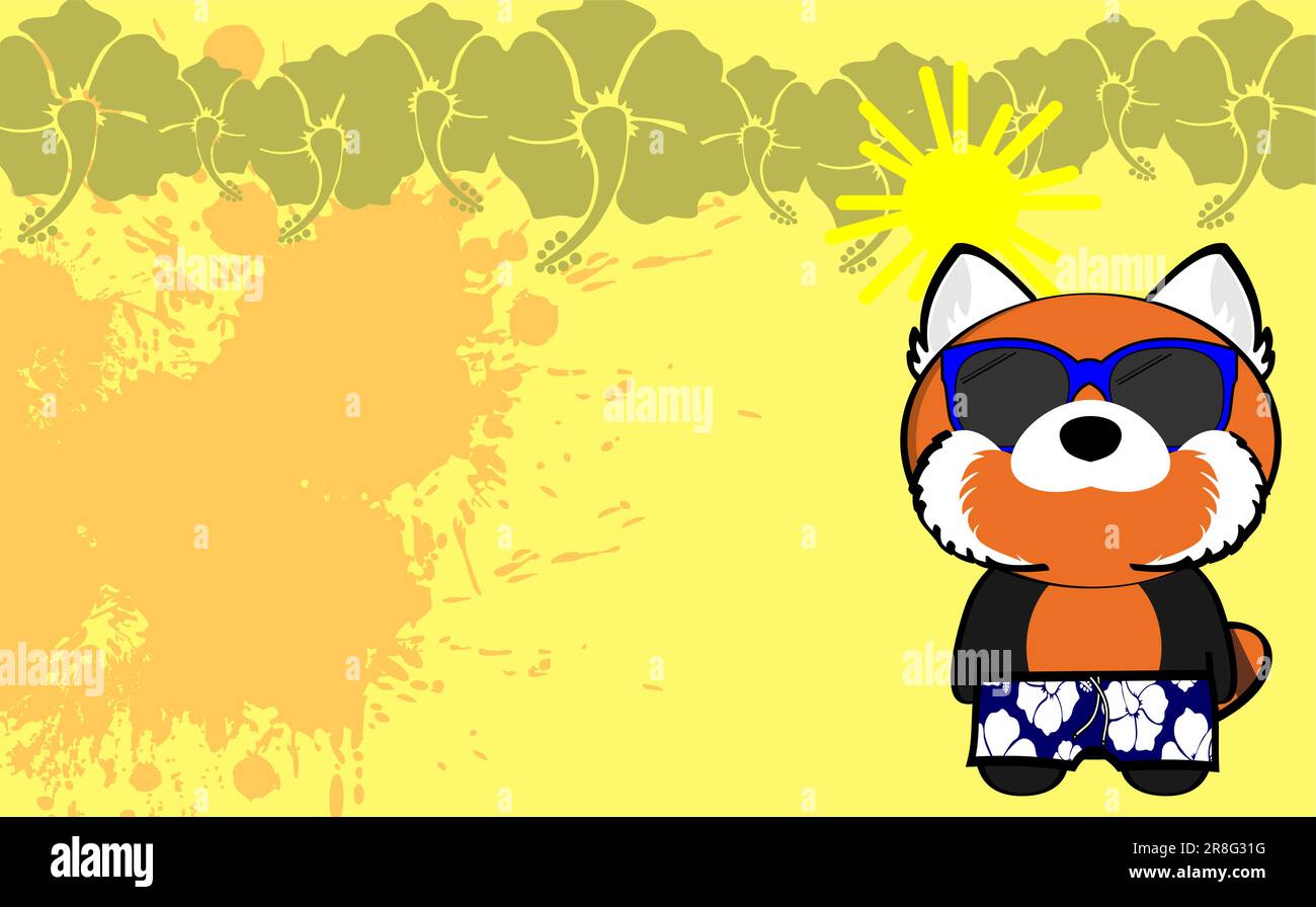 red panda cartoon with summer clothings tropical hawaiian background
