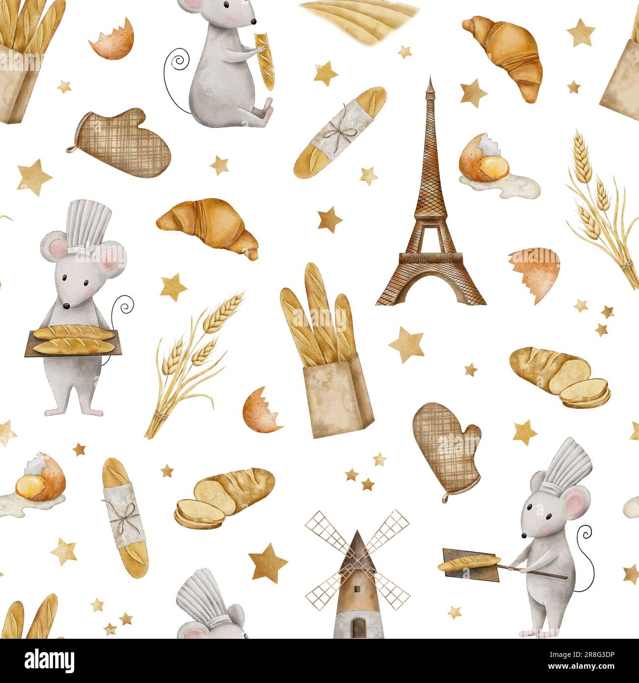 Seamless pattern with mouse chef, eggs, flour sack, croissant, Crispy French baguettes in craft bag with bunch of spikelets of wheat, rye, grains and Stock Photo