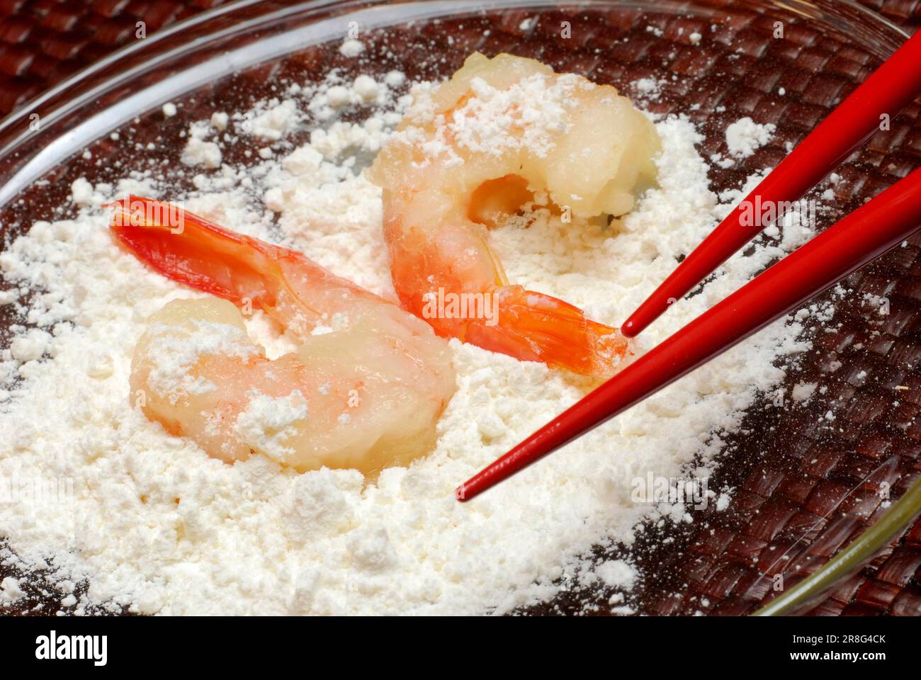 Shrimps and tempura flour for breading, breading Stock Photo