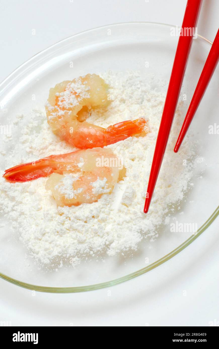Shrimps and tempura flour for breading, breading Stock Photo