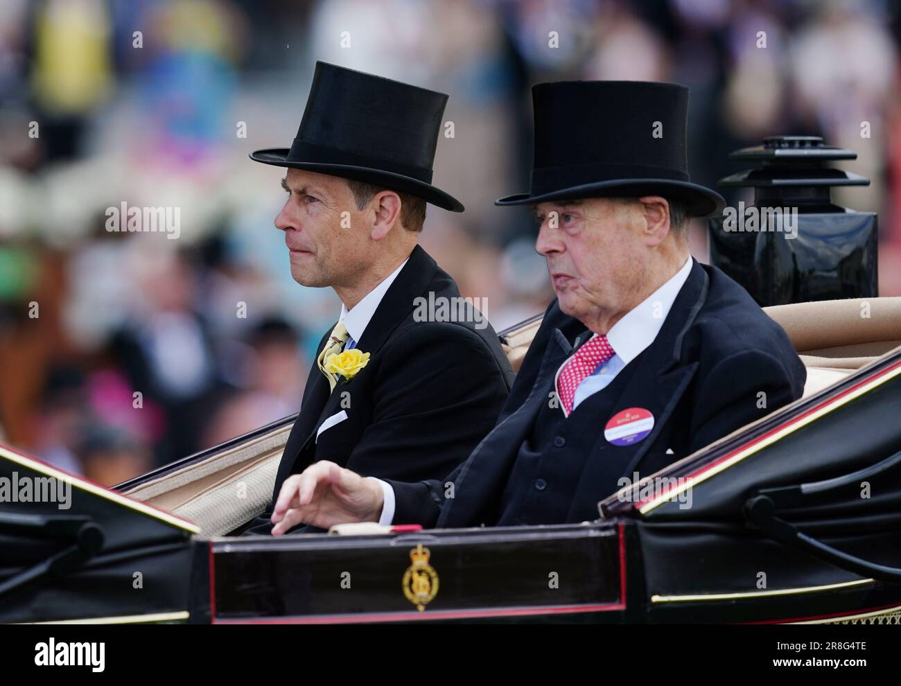 The Duke of Edinburgh and Lord Soames of Fletching (right) arrive by carriage during day two of Royal Ascot at Ascot Racecourse, Berkshire. Picture date: Wednesday June 21, 2023. Stock Photo