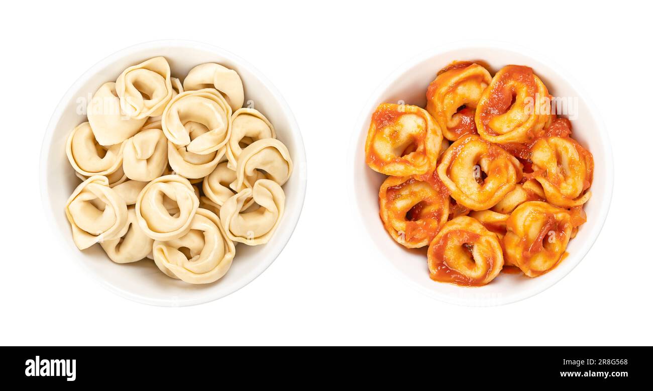 Tortellini in white bowls. Industrially made stuffed dumplings, Italian pasta with distinctive shape, also called belly buttons. Stock Photo