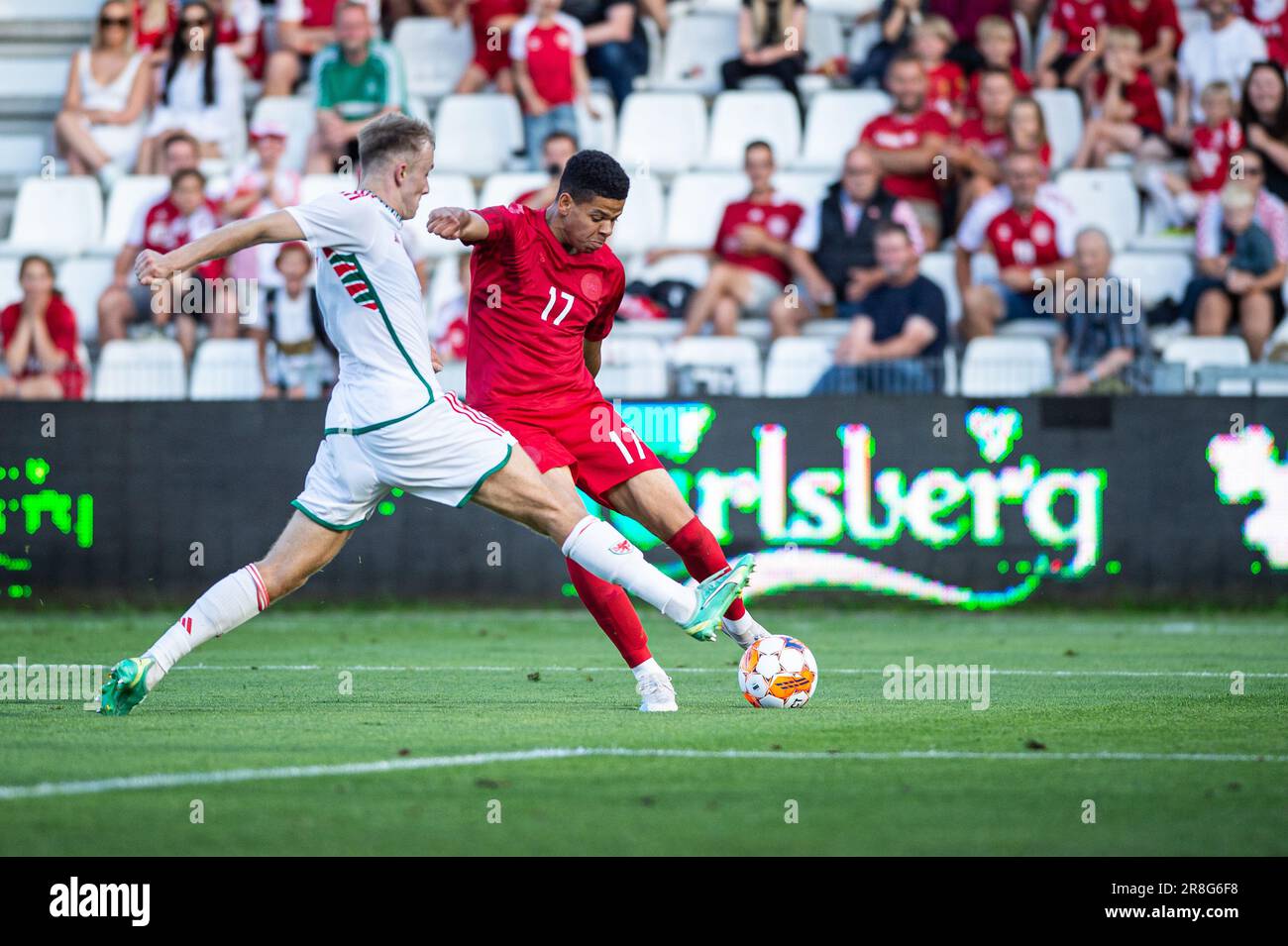 Vejle, Denmark. 20th June, 2023. William Osula (17) of Denmark seen during the U21 Euro qualifier match between Denmark and Wales at Vejle Stadion in Vejle. (Photo Credit: Gonzales Photo/Alamy Live News Stock Photo