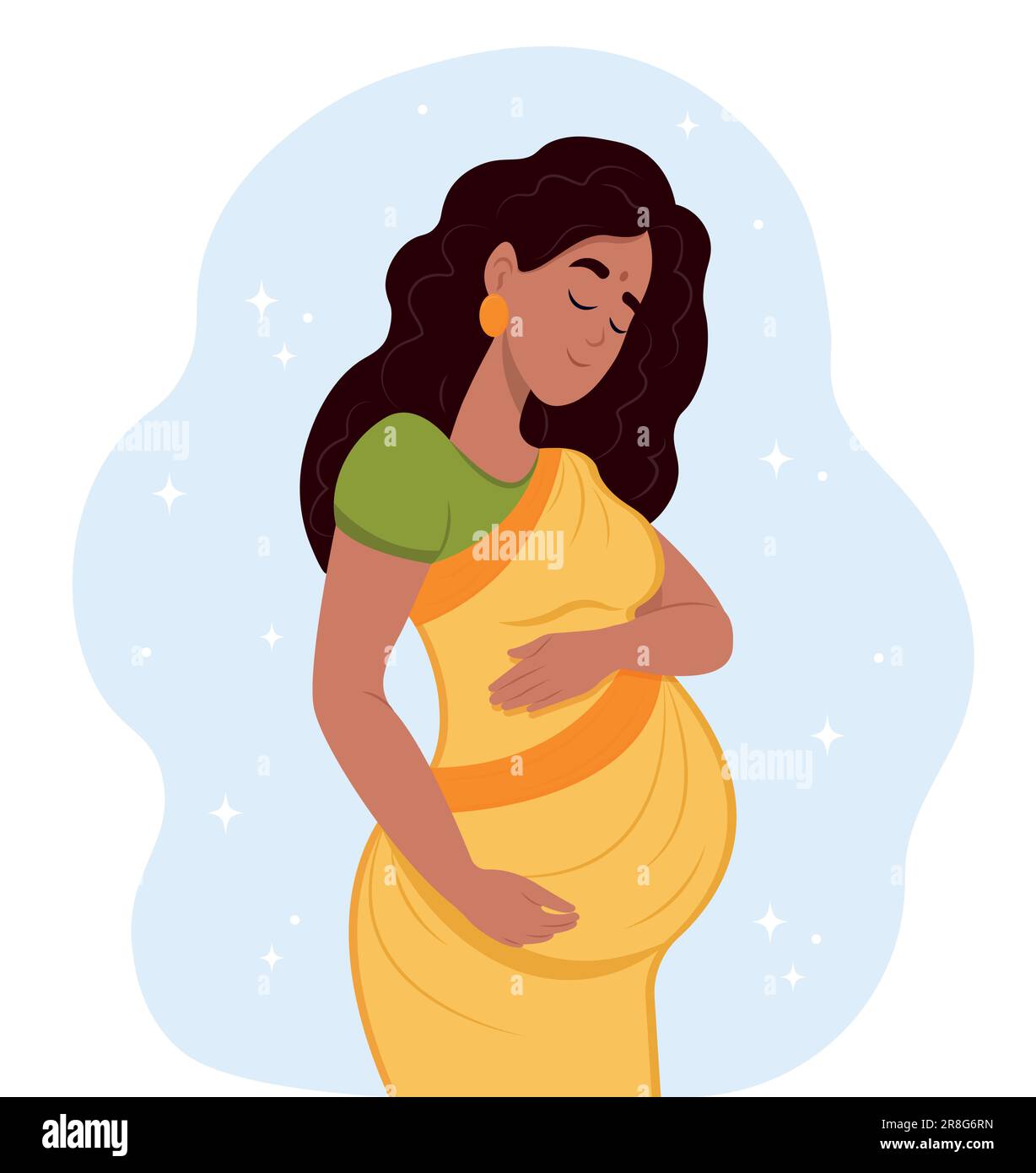 Happy Pregnant Indian Woman Hugging Her Belly With Her Hands Motherhood Stock Vector Image
