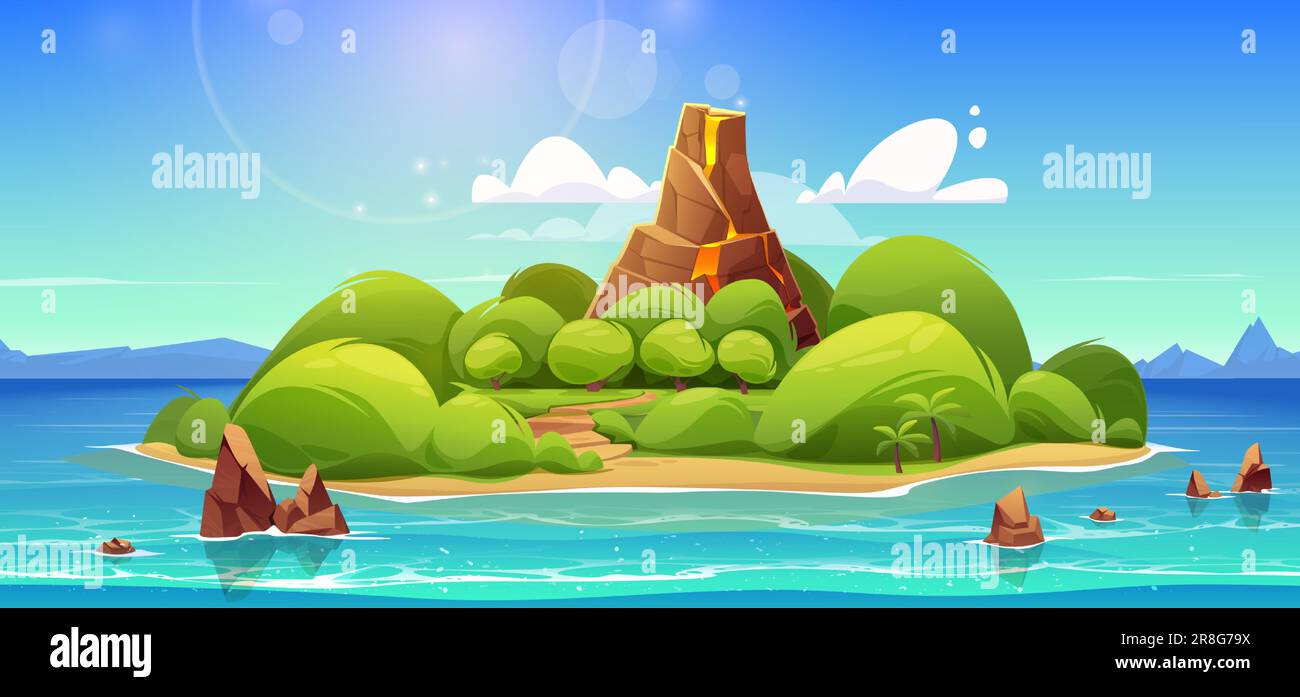 Tropical volcano island in sea cartoon vector landscape background. Exotic volcanic isle with palm tree forest in ocean water. Beautiful tropic tourism green seaside coast nature on sunny day. Stock Vector