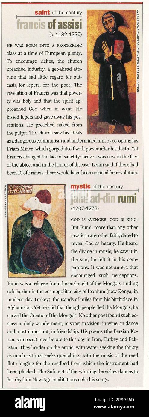 Saint of the century Farncis of Assisi, Mystic of the century Jalal ad-din Rumi - person of the century articles, TIME magazine 1999 Stock Photo