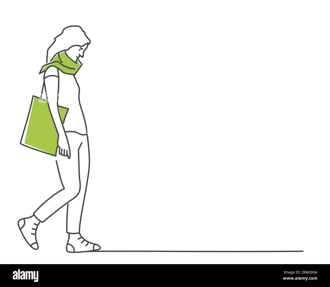 Young woman walks slowly with her head down, carries a bag. Hand drawn