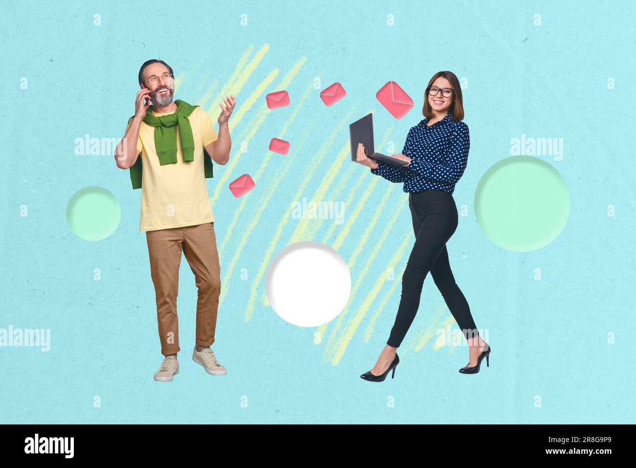 Poster banner collage of business team have distance talking by calling ...