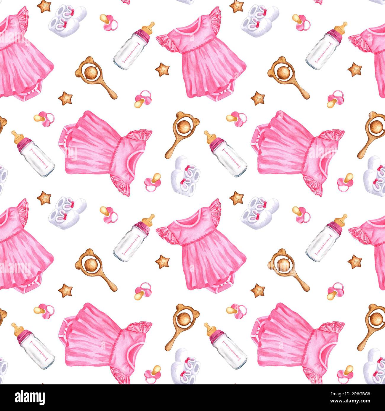 Seamless pattern newborn girl. Pink bodysuit, booties, bottle, stars