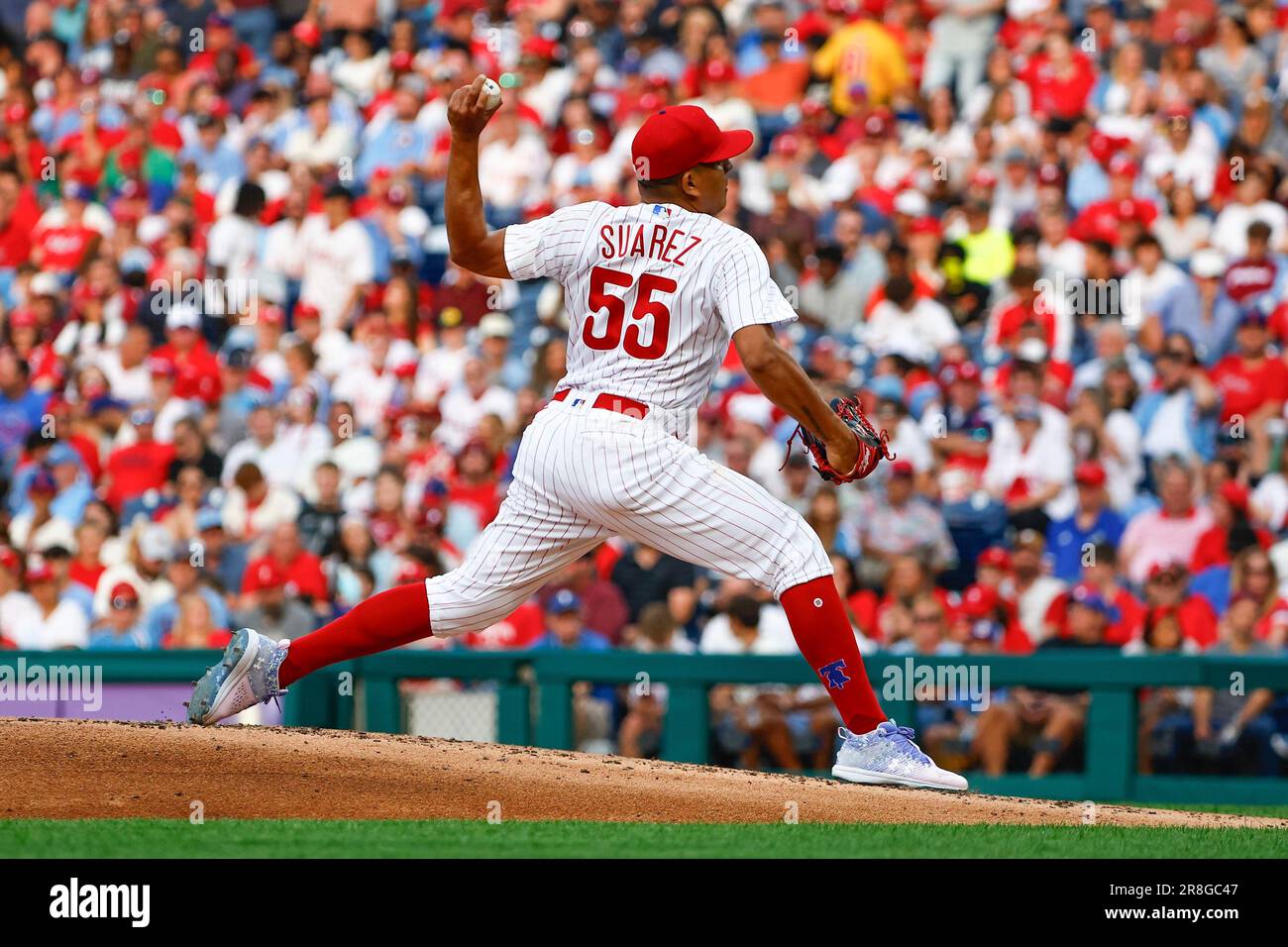 PHILADELPHIA, PA - JUNE 20: Ranger Suarez #55 of the Philadelphia Phillies  pitches during the game against the Atlanta Braves on June 20, 2023 at  Citizens Bank Park in Philadelphia, Pennsylvania. (Photo