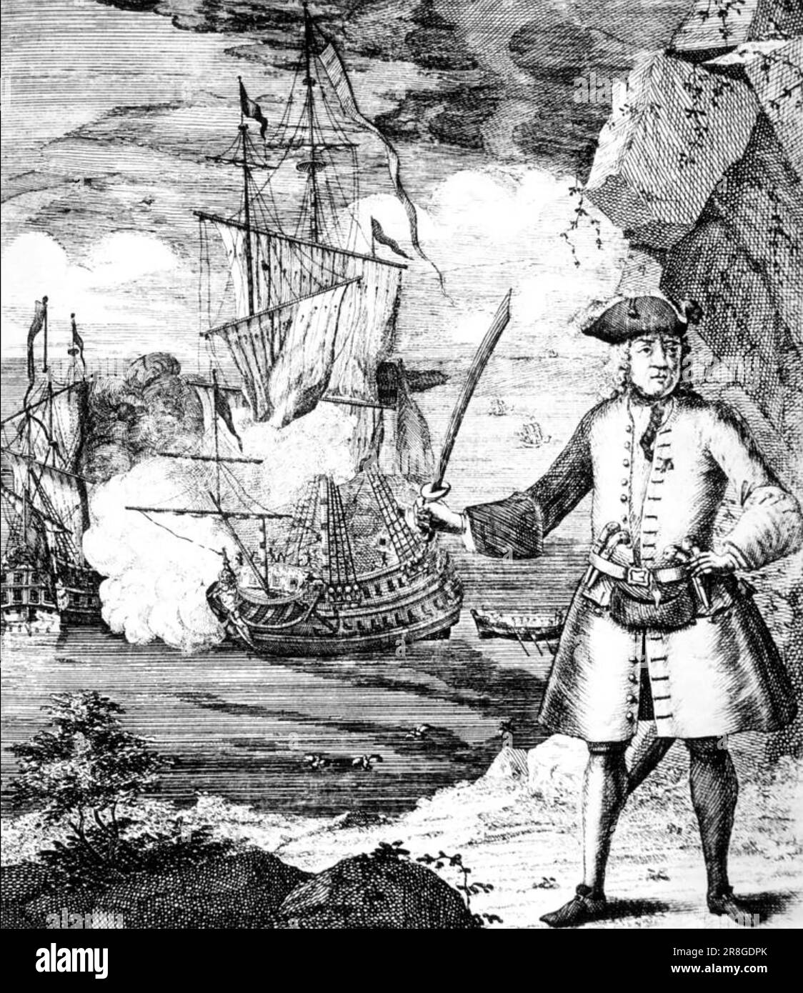 HENRY EVERY (c 1656-1696)  British pirate inan 1837 woodcut showing his ship The Fancy Stock Photo
