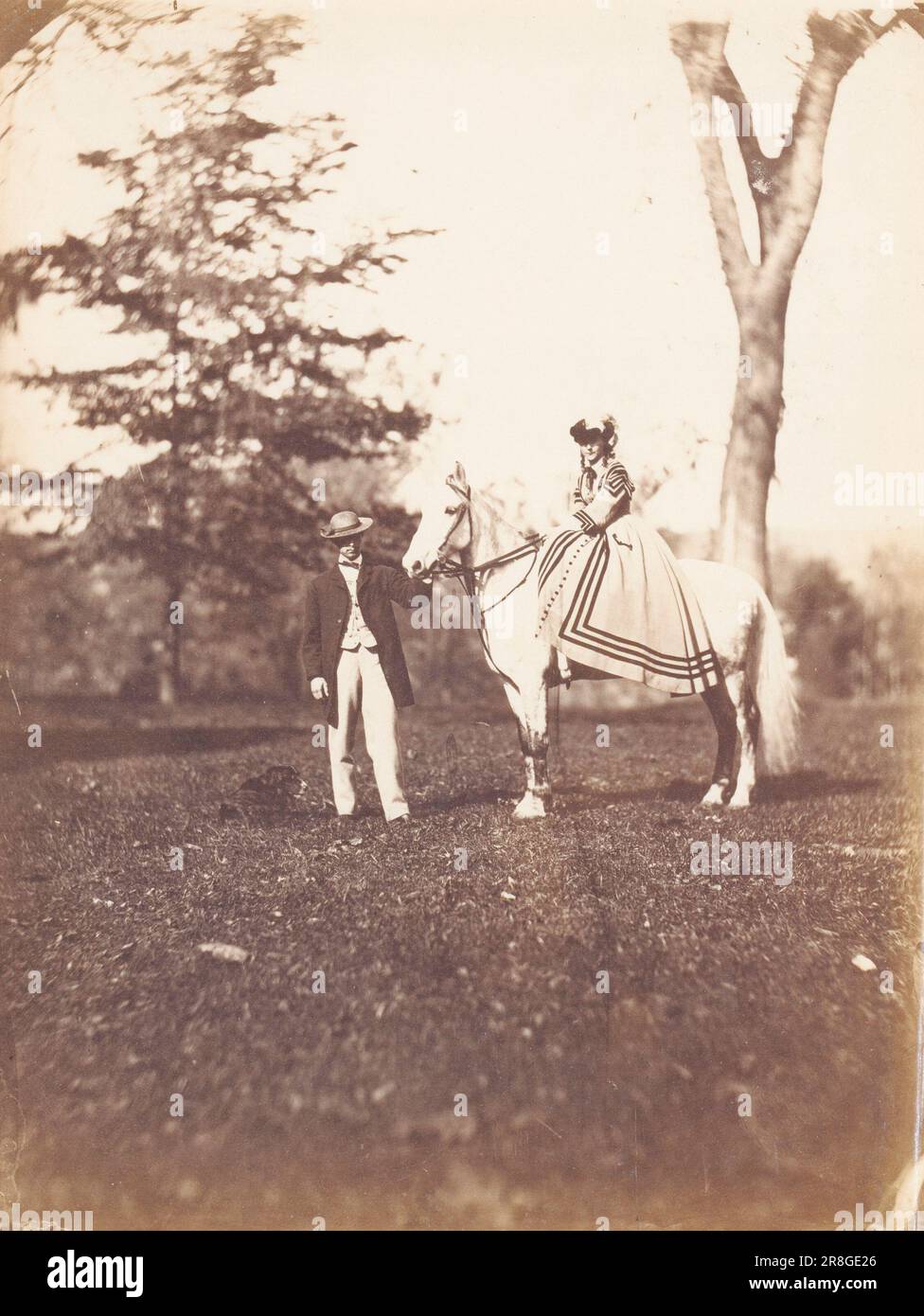 Mary Pierrepont on Silvertail with R. Stuyvesant and Dog ca. 1863 by Lewis M. Rutherfurd, born Morrisania, NY 1816-died Tranquility, NJ 1892 Stock Photo