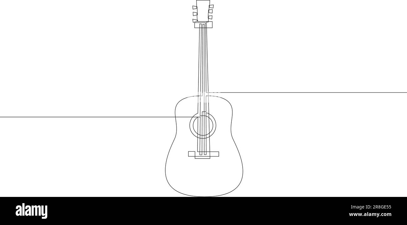 Continuous line drawing of wooden classic acoustic guitar. Modern stringed music instruments concept drawn by one line. Single line vector illustratio Stock Vector