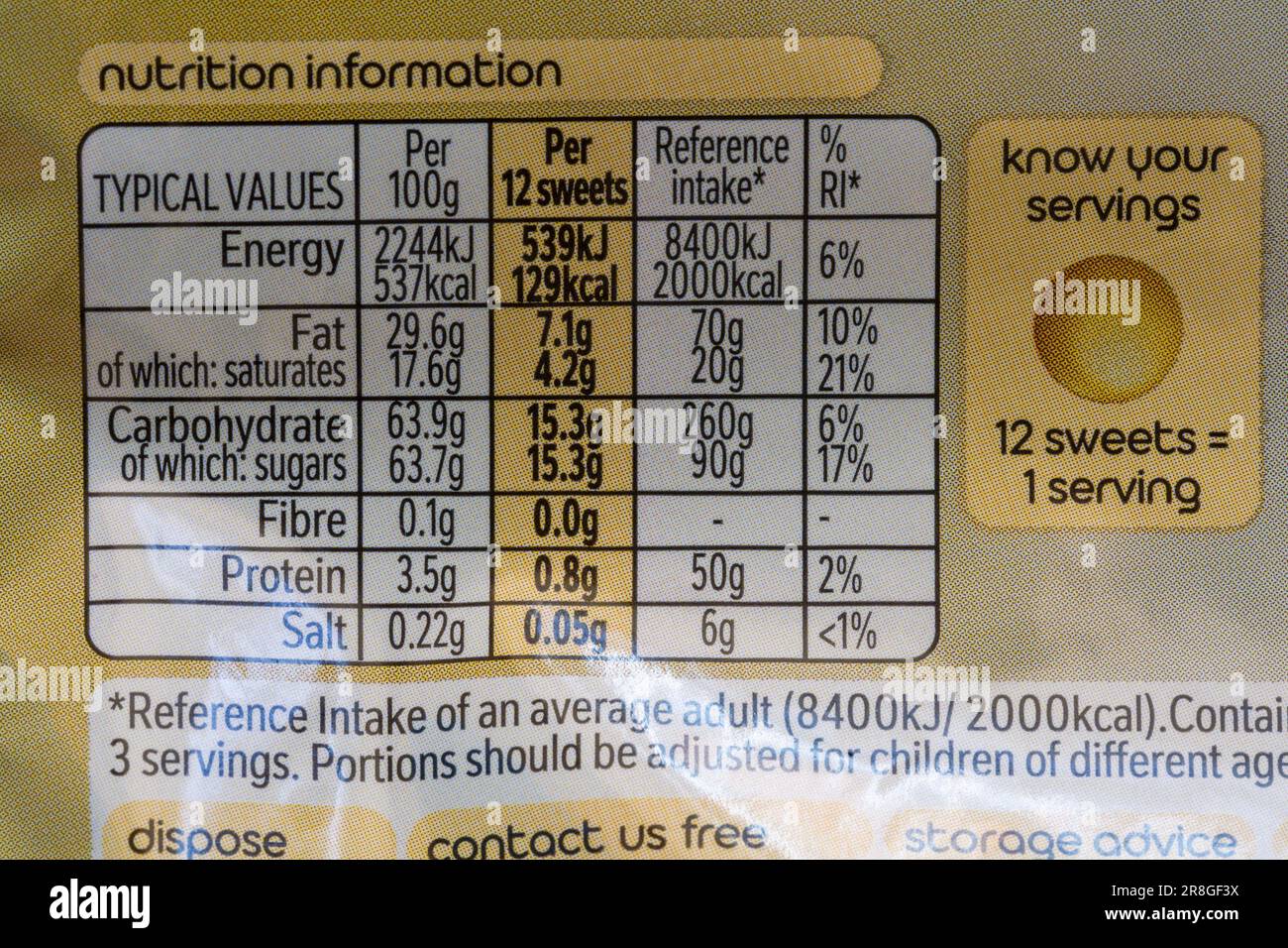 Nutrition information on packet of Nestle Aero Golden Honeycomb Melts Stock Photo