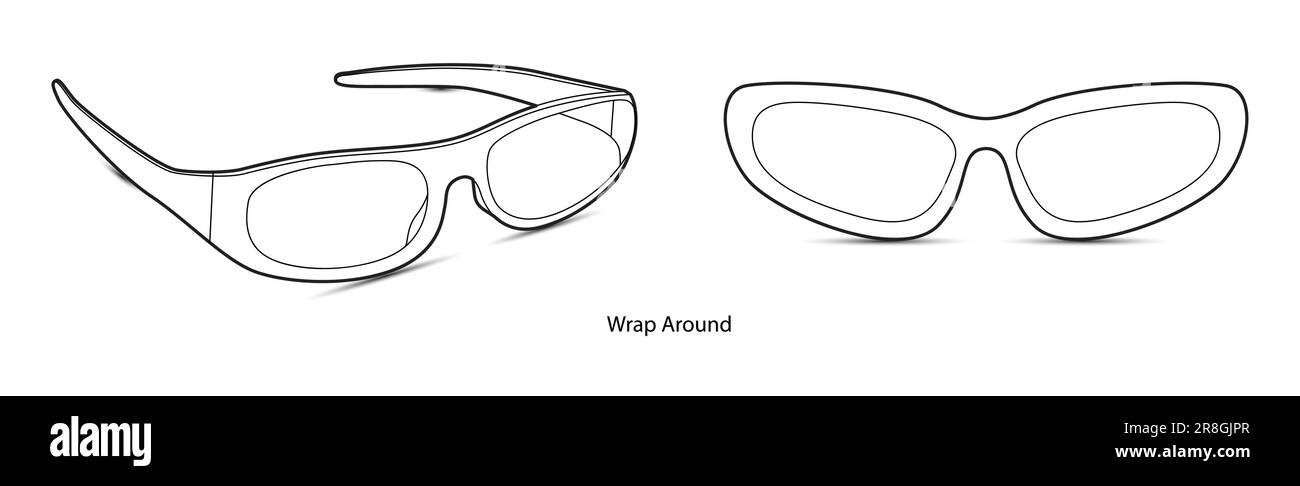 Wrap Around frame glasses fashion accessory illustration. Sunglass front and 3-4 view for Men, women, unisex silhouette style, flat rim spectacles eyeglasses with lens sketch outline isolated on white Stock Vector