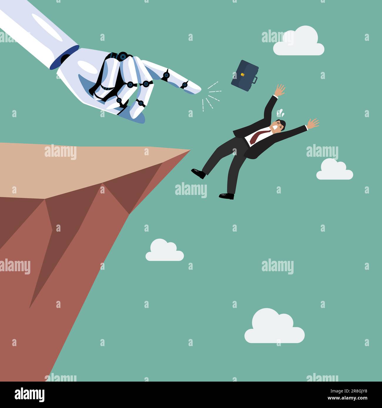 Robot pushing businesman fall into the abyss. Artifical intelligence replacing jobs concept. Vector illustration Stock Vector