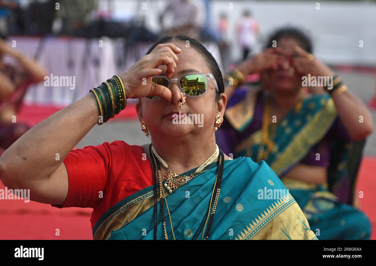 A woman wearing traditional Maharashtrian Nauvari (nine yard) saree and