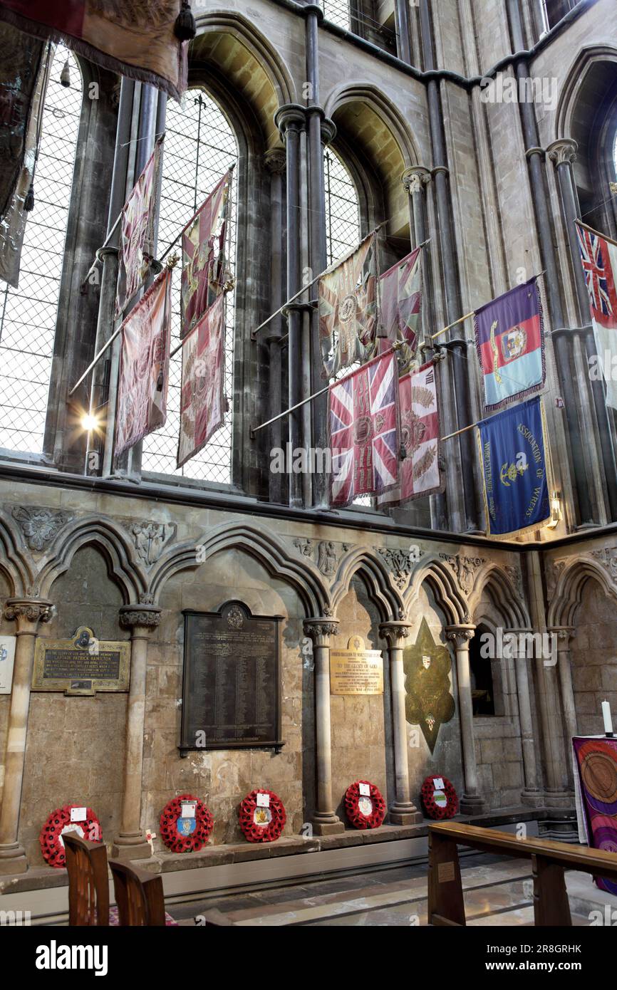 Multi Service Military Flags displayed in Worcester Cathedral. Stock Photo