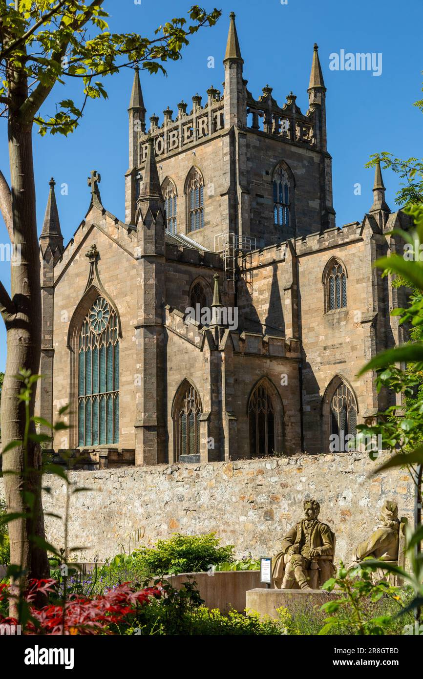Dunfermline Abbey from Dunfermline Carnegie Library & Galleries garden, Fife, Scotland, United Kingdom Stock Photo