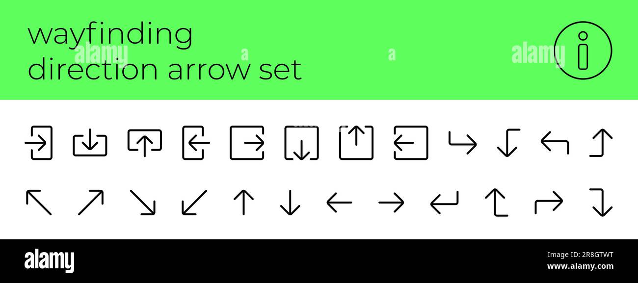 Wayfinding system direction arrow linear icon set. Way finding entrance