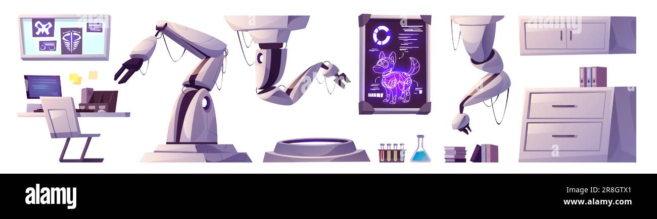 Laboratory robot and furniture cartoon vector set. Science research in lan with medical and chemistry technology for dog transformer experiment. Nanotechnology machine in factory for modification. Stock Vector