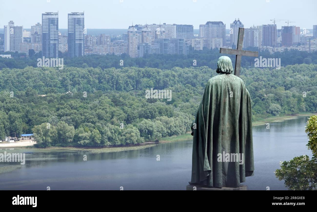 Kyiv, Ukraine June 17, 2023: the sculptural monument 'Kiev Prince Vladimir the Great on a pedestal with bas-reliefs' is located in the center of the c Stock Photo