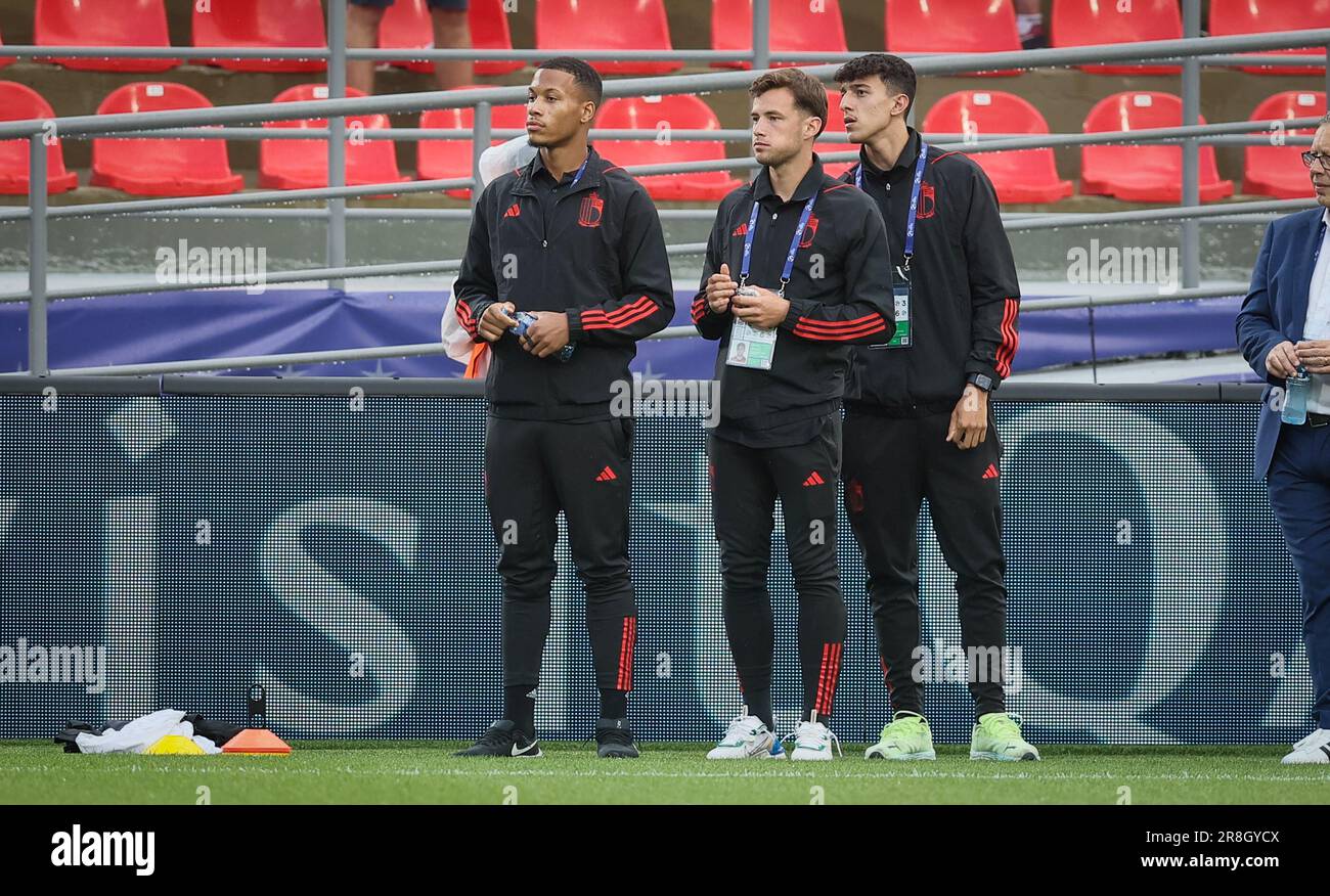 Tbilisi, Georgia. 21st June, 2023. Belgium's Aster Vranckx, Belgium's Olivier Deman and Belgium's Ameen Al-Dakhil pictured before the first game of the group stage (group A) between Belgium and The Netherlands at the UEFA Under21 European Championships, in Tbilisi, Georgia, Wednesday 21 June 2023. The UEFA Under21 European Championships take place from 21 June to 08 July in Georgia and Romania. BELGA PHOTO BRUNO FAHY Credit: Belga News Agency/Alamy Live News Stock Photo