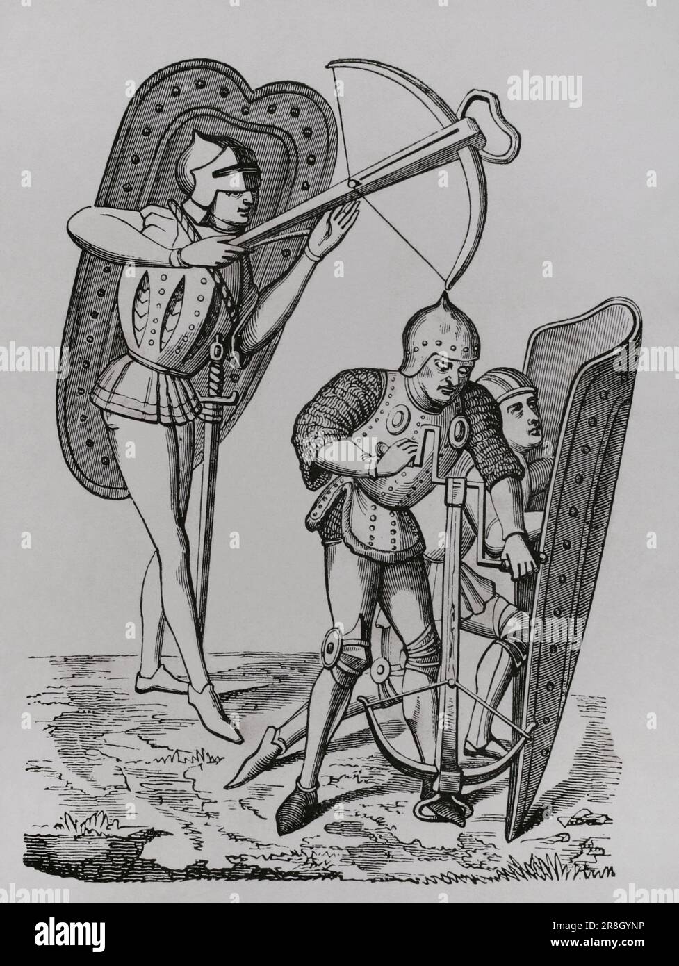 Crossbowmen protected by shields, 15th century. Engraving from a miniature of 'Froissart's Chronicles'. 'Les Arts au Moyen Age et a l'Epoque de la Renaissance', by Paul Lacroix. Paris, 1877. Stock Photo