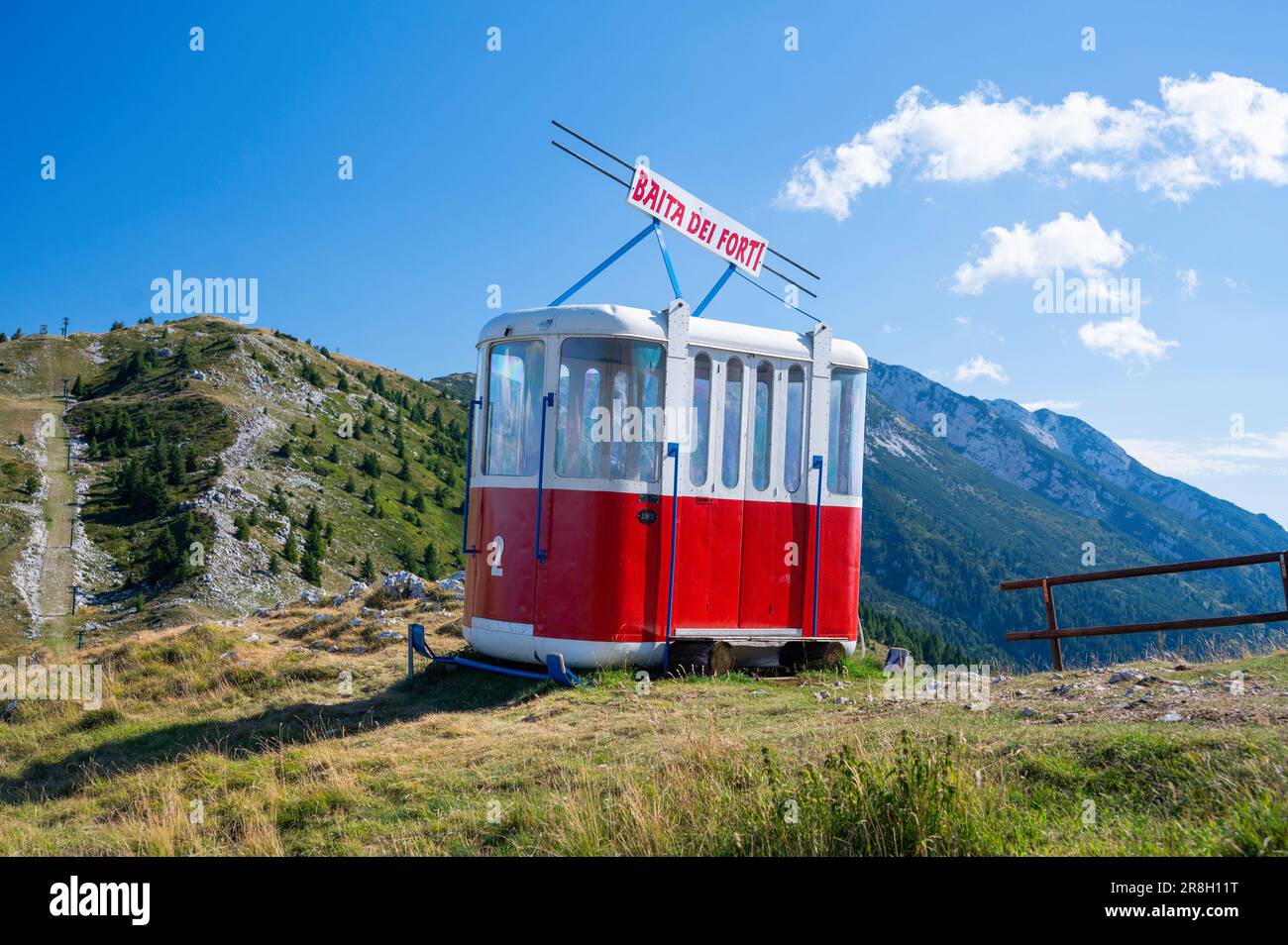 An original vintage car from the Malcesine-Monte Baldo cable car, now at the top of the mountain above Lake Garda, Italy Stock Photo