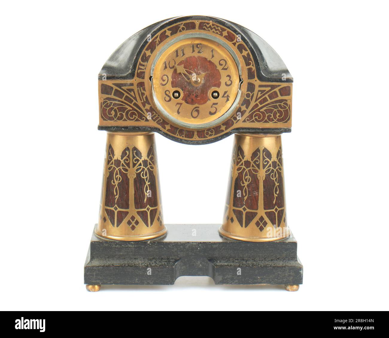 Antique 1900s Erhard & Sohne German Art Nouveau Zodiac Intarsia clock Stock Photo
